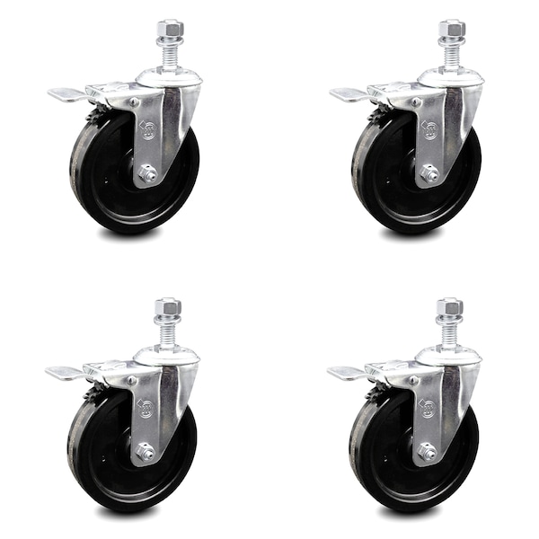 5 Inch Phenolic Swivel 3/8 Inch Threaded Stem Caster Set with Total Lock Brake